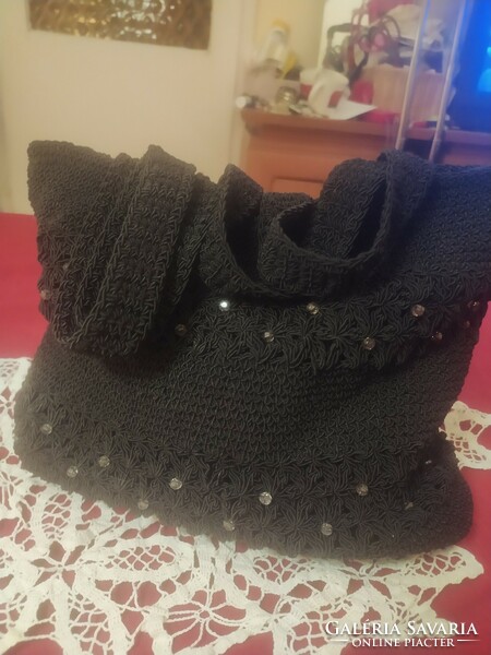 Crocheted black lined women's shoulder bag with 2 handles