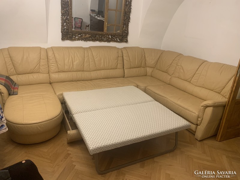 320X220 beige cowhide corner sofa bed with bed linen holder
