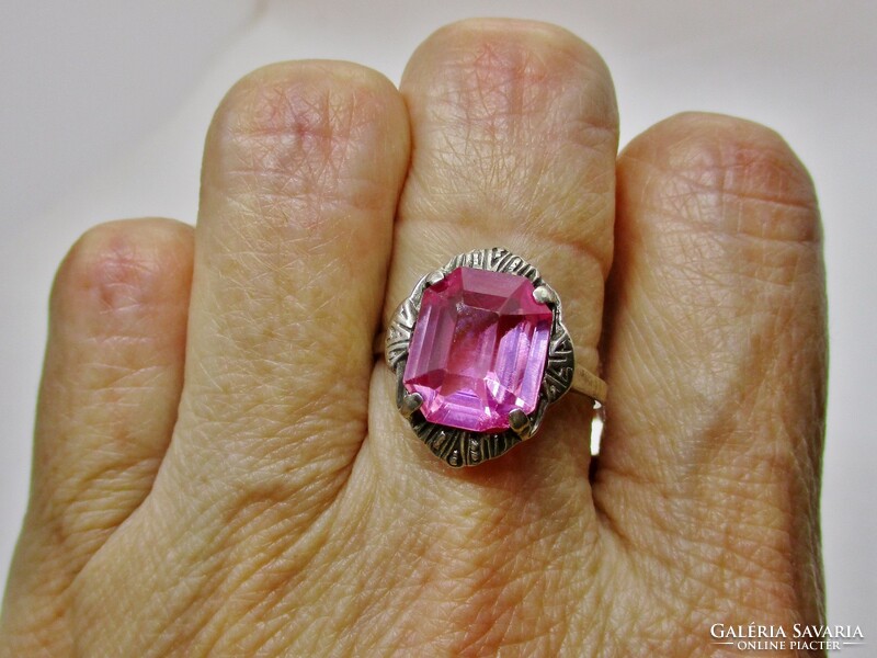 Beautiful old silver ring with a large genuine pink topaz stone