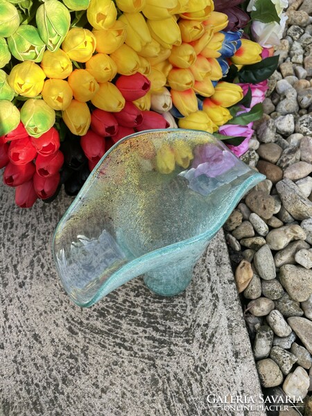 Gyönyörű ritka türkisz berekfürdői karcagi fátyolüveg  váza Gyűjtői darab mid -century modern