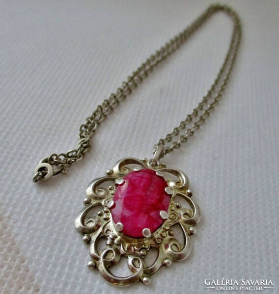 Beautiful old silver necklace with genuine ruby stone pendant