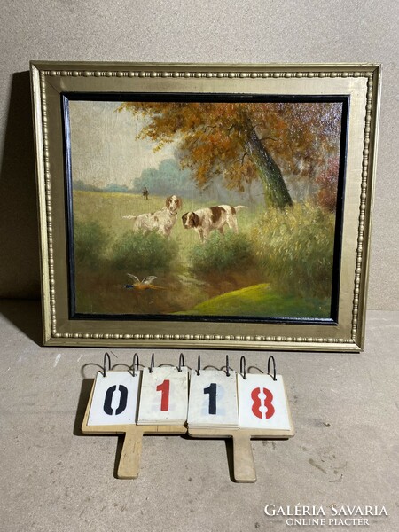 XIX. End of century painting, oil on wood, 67 x 54 cm, dogs.