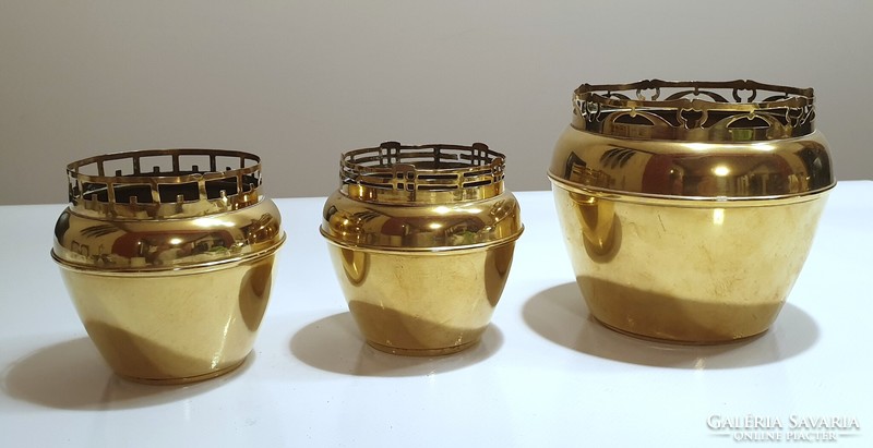 3 copper art deco pots