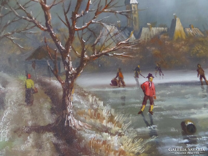 Flemish still life/genre image: skaters on the frozen river