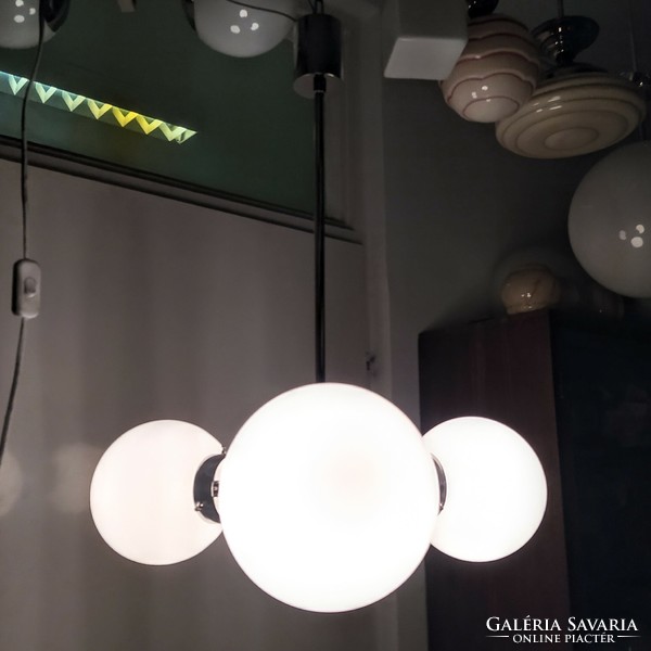 Bauhaus - art deco - streamline 3-arm, nickel-plated chandelier renovated - milk glass spherical shades