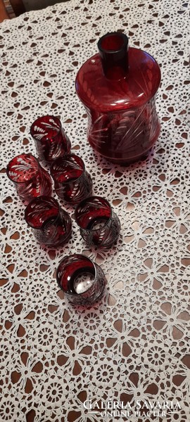 Old, burgundy, polished, lead crystal wine glass and 6 glasses
