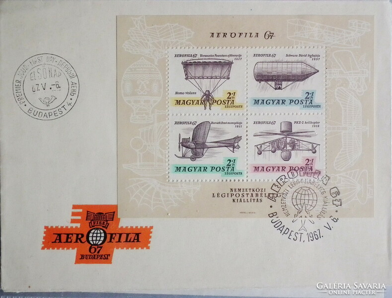 1967. FDC - Aerofila (I.) Budapest - blokk, alkalmi bélyegzővel pecsételt