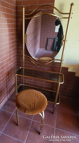 Dressing mirror table with glass shelves and the corresponding chair, copper alloy