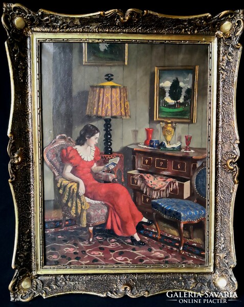 Fk/411 - János Apatfalvi czene - interior with a woman in a red dress