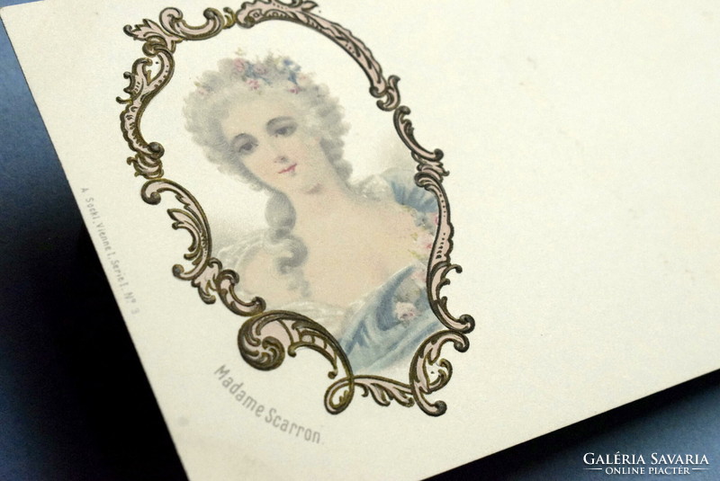 Antique artist litho postcard Madame Scarron portrait of a noble lady in a convex frame