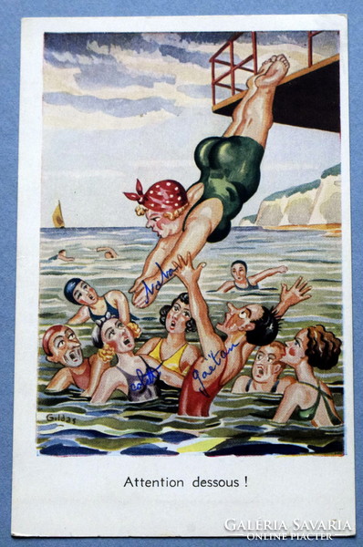 Old humorous litho artist postcard - bathing ladies