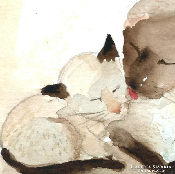 Mamacica - Eredeti Akvarell Festmény Papíron (Laczó Ágnes kortárs festő/grafikus művész) Gyerekszoba