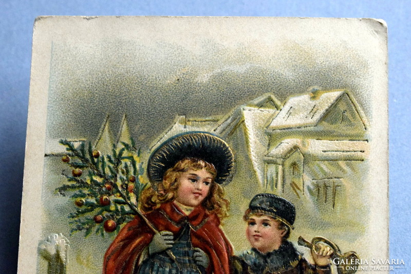 Antik dombornyomott Karácsonyi üdvözlő képeslap - gyerekek téli táj karácsonyfa 1909ből