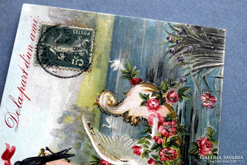 Antique embossed greeting glitter litho postcard - boat roses birds from 1908