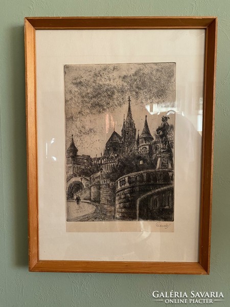 Élesdy fishing bastion in an etching frame behind glass