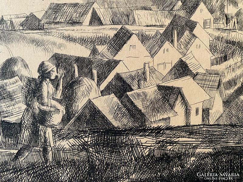 Greek relief mountain village etching without frame