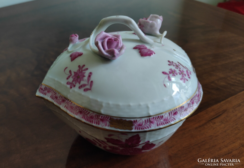 Rózsaszín Apponyi mintás rózsás Herendi porcelán bonbonier