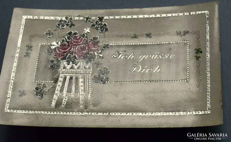 Antik ezüsttel préselt üdvözlő képeslap -  rózsa  4levelű lóhere
