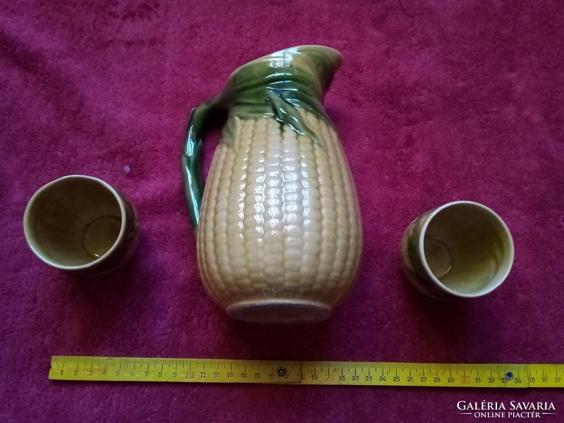 Magyarszombatfai corn pattern ceramic wine set jug with two glasses