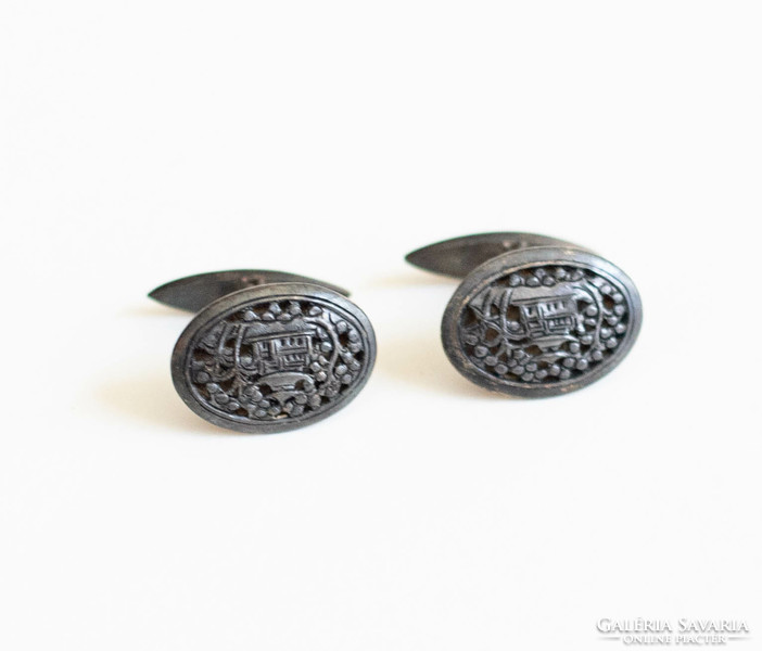 Pair of cufflinks with an openwork Chinese / Japanese pagoda pattern, thickly silver-plated - Christmas gift f
