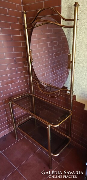 Dressing mirror table with glass shelves and the corresponding chair, copper alloy