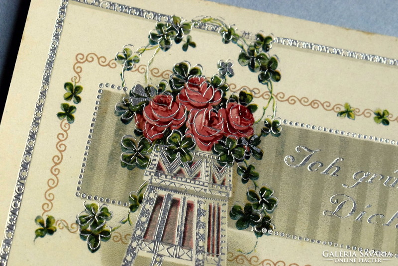 Antik ezüsttel préselt üdvözlő képeslap -  rózsa  4levelű lóhere