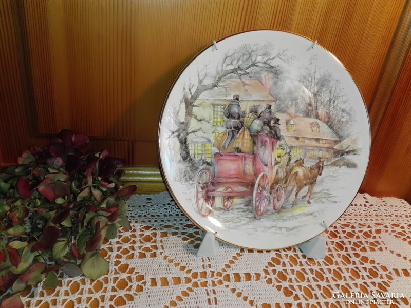 Fali tányér, angol porcelán, lovaskocsi.