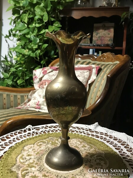 Brass, engraved vase with ruffled edges, elegant, slim design