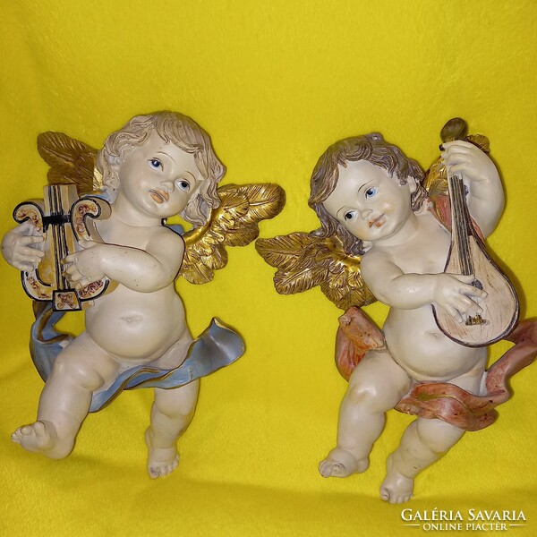 2 Wall puttos playing musical instruments, angels, wall decorations.
