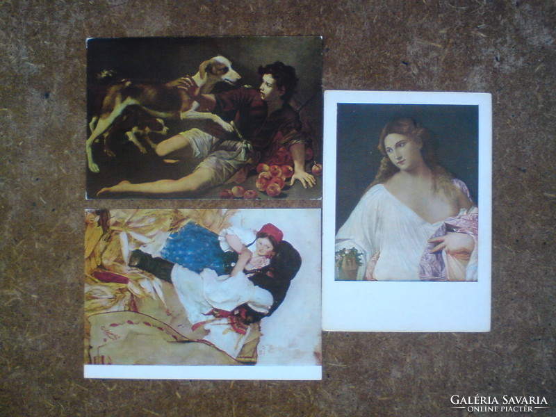 3 old paintings on postcards.