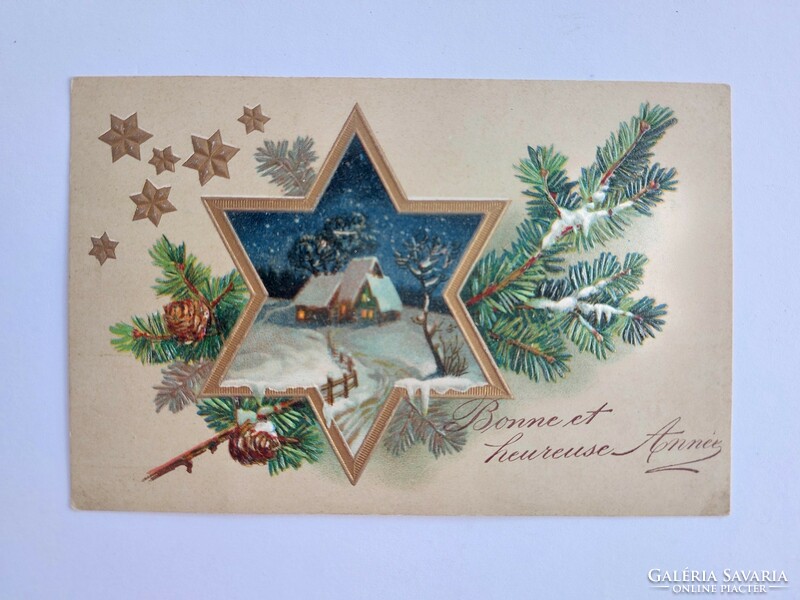 Régi karácsonyi képeslap dombornyomott levelezőlap csillagok fenyőág
