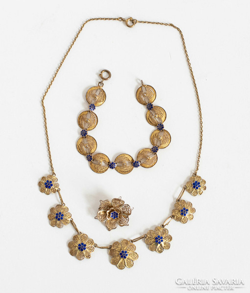 Floral jewelry set decorated with blue enamel - jewelry, necklaces, necklace + bracelet + brooch
