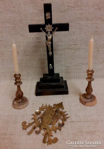 Antique small table wood corpus brass picture frame inside porcelain virgin now two black walnut candle holders