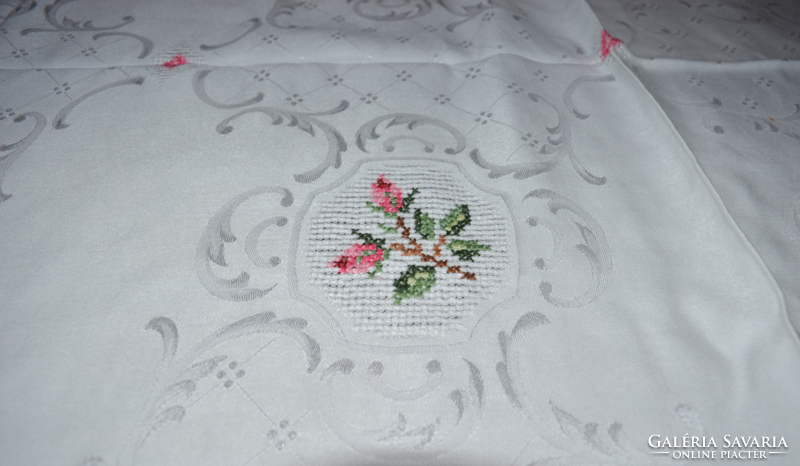 Silk damask tablecloth with cross-stitch embroidery