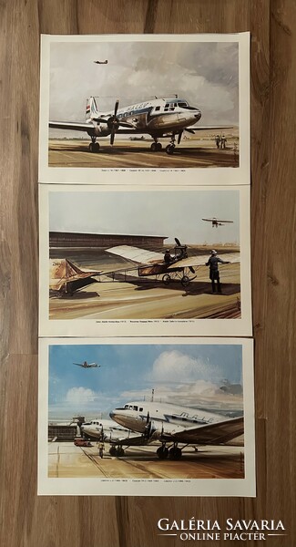 12 prints depicting Malév airplanes