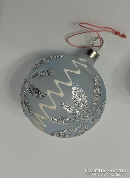 Old milk glass sphere Christmas tree ornament with blue glitter decoration