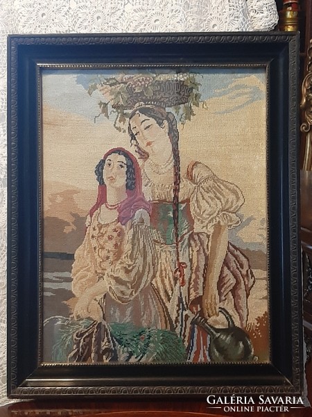 Antique micro tapestry with wonderful colors in a wooden frame