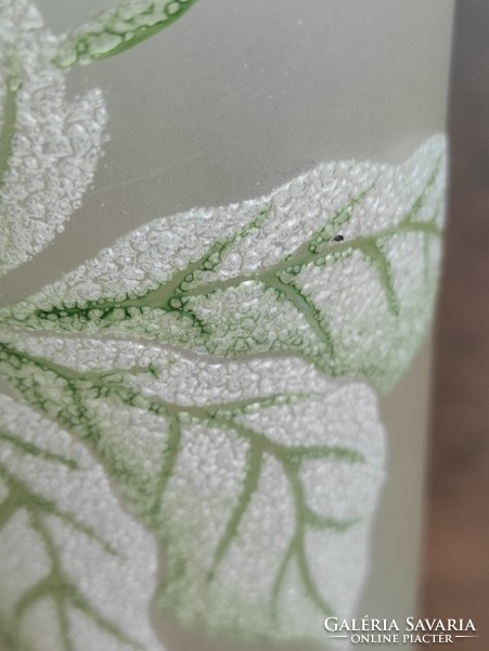 Special cylinder-shaped industrial art white green veined leaf pattern acid-etched antique glass vase