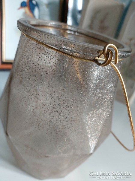 Gold glitter glass candle holder with gold-colored ear 14 cm - 2 pieces in one