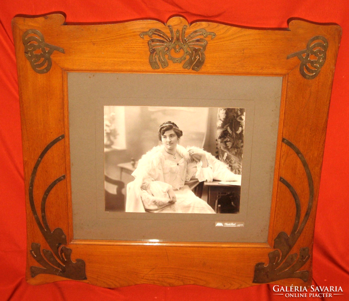 Beautiful large art nouveau picture frame with the photo of photographer József Kossak