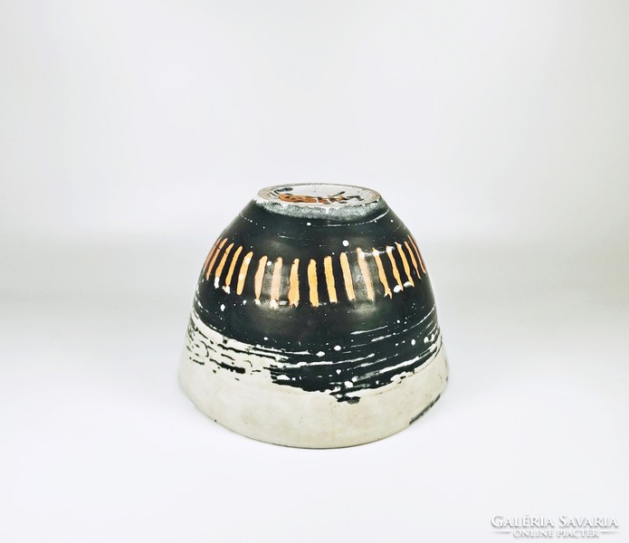 Gorka livia, Fretro 1950s black ceramic pot with abstract pattern, perfect! (G029)