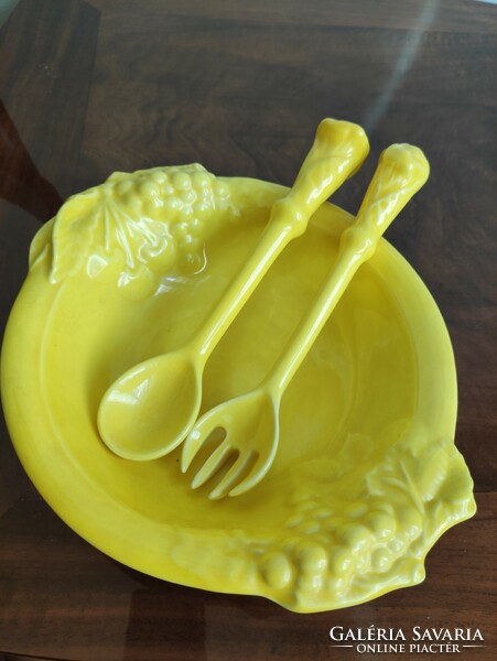 Witch's kitchen yellow fruit ceramic serving bowl + ceramic spoon fork Hungarian handicraft product