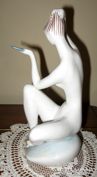 Rarely painted Zsolnay art deco Turkish Janos figurine: nude with mirror