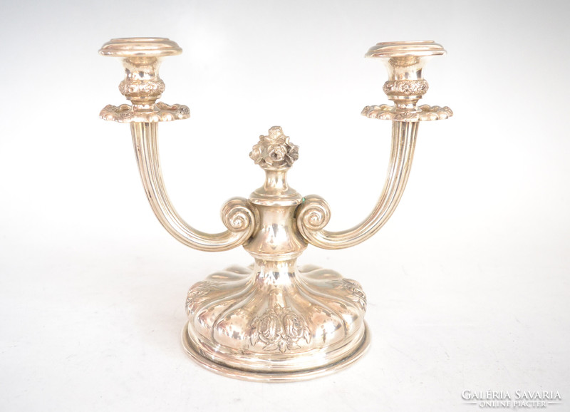 Silver two-pronged candlestick with rose of Vienna decor