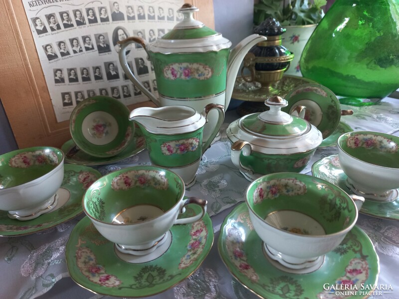 Meseszép antik zöld színvilágú mokkás-kávéskészlet, 6 szett , cukortartó és kiöntők