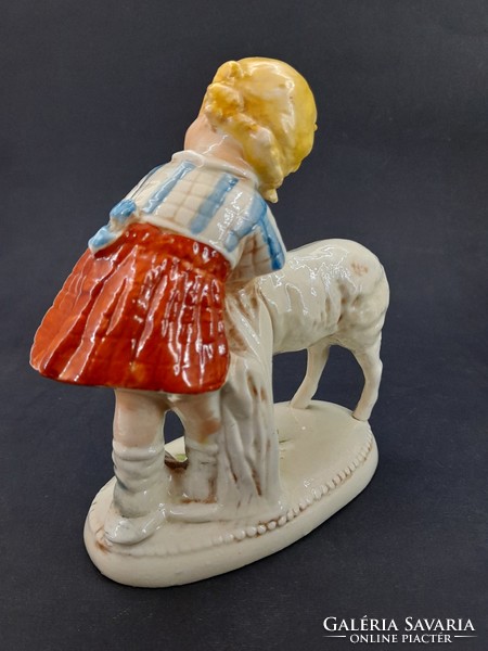 Little girl with lamb, German porcelain figurine, 13 cm