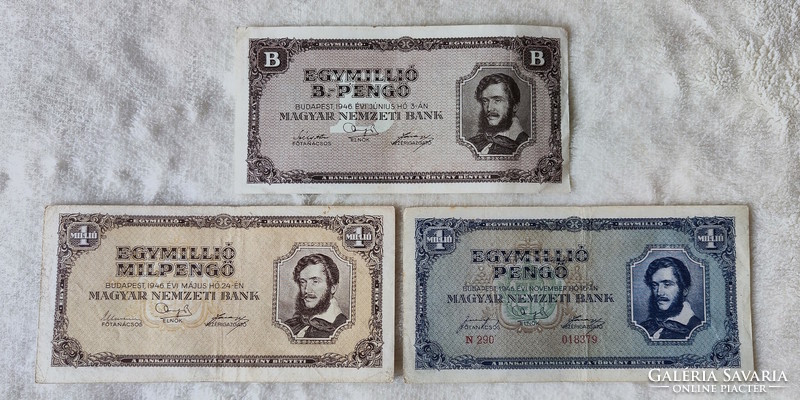 Pengő-milpengő-bilpengő sor: 1 millió (EF-VF) | 3 darab bankjegy