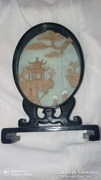 Lakkozott fa kép, régi, keleti, kínai vagy japán tájkép üveg alatt
