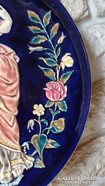Huge antique majolica-faience wall with beautiful flowers in the middle of the table! Greek goddesses! Rarity!
