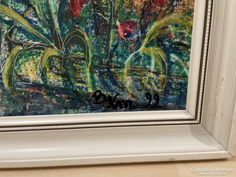 Benkőné Kovács Marta (1954-): in a window (oil, wood fiber, 70x50 cm)
